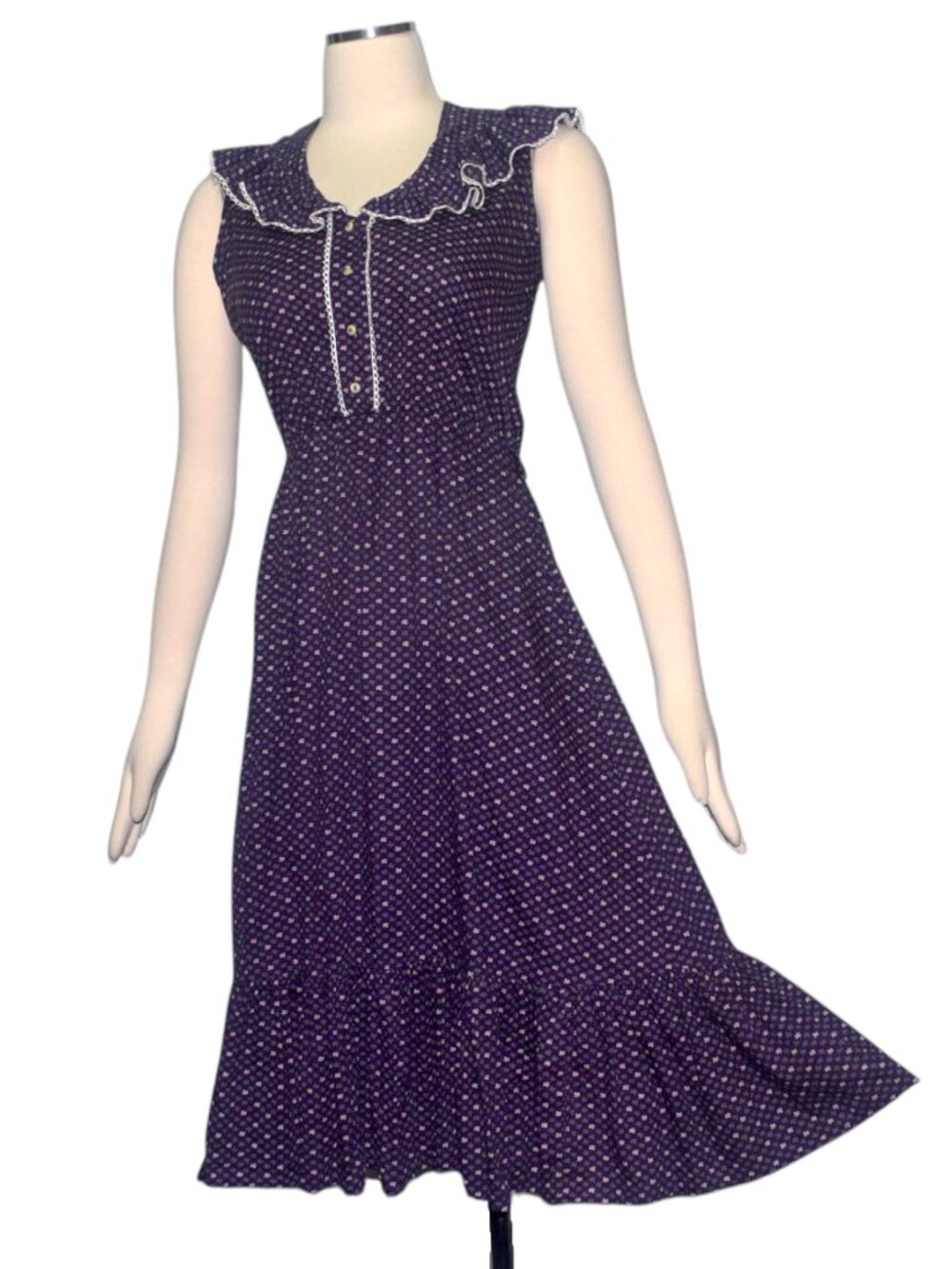 Vintage 70s 80s Purple Calico Prairie Dress Cottagecore Ruffle Collar Midi S